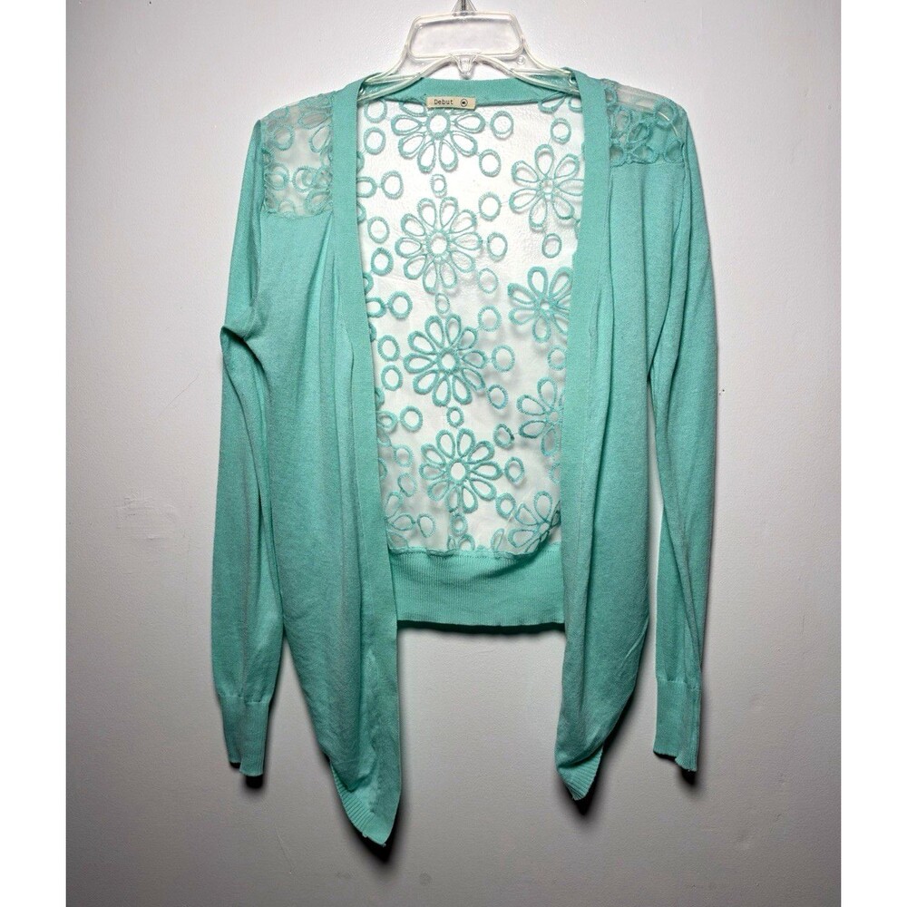 Debut Women’s M/L Green Open-Front Knit Cardigan Long Sleeve Floral Lace Back